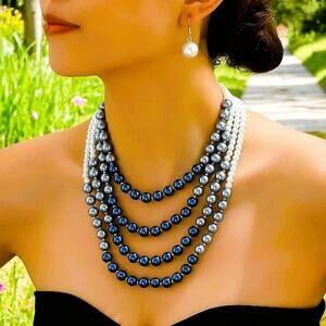 Jewelry Set Necklace & Earrings Set Blue, Gray and White